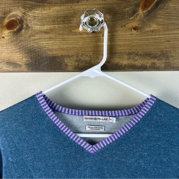 Peter Millar Medium Blue V-Neck Sweater Purple & White Trim-Silk Cashmere Cotton - Picture 2 of 6